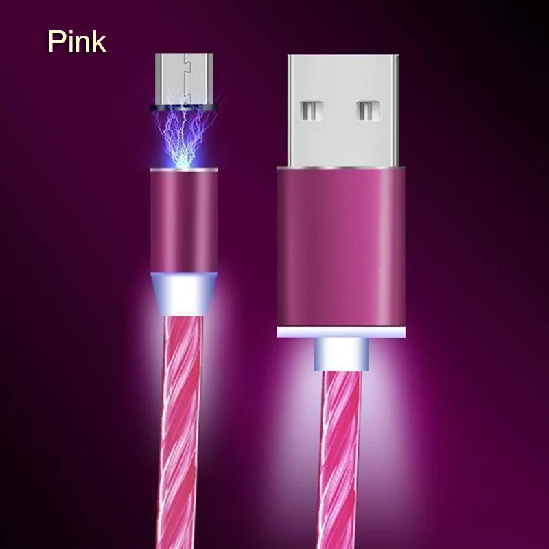 Магнитный поток светильник светодиодный стример Micro usb type-c кабель для зарядки магнитное зарядное устройство 1 м для Iphone huawei samsung LG - Цвет: Pink