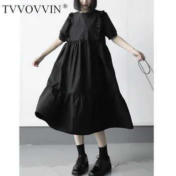 

Loose Women Black Pleated Brief Temperament Dress Round Neck Short Sleeve Loose Fit Fashion Tide Spring Summer 2020 QEEW