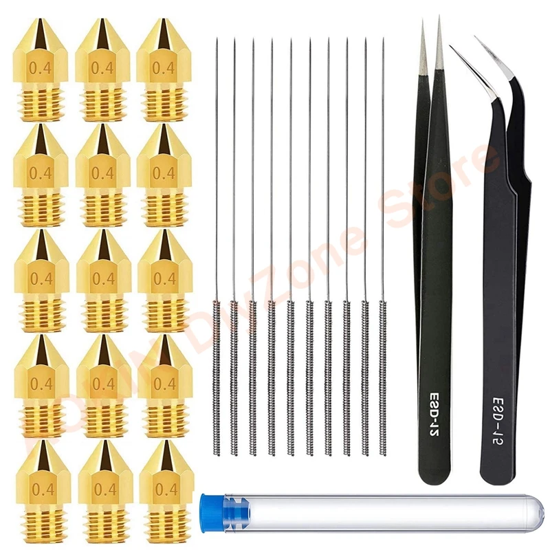 

3D Printer Nozzles Cleaning Tool Kit-15 Pcs MK8 0.4mm Brass Nozzles + 10 Pcs Cleanning Needles + 2Pcs Tweezers Tools for Ender 3
