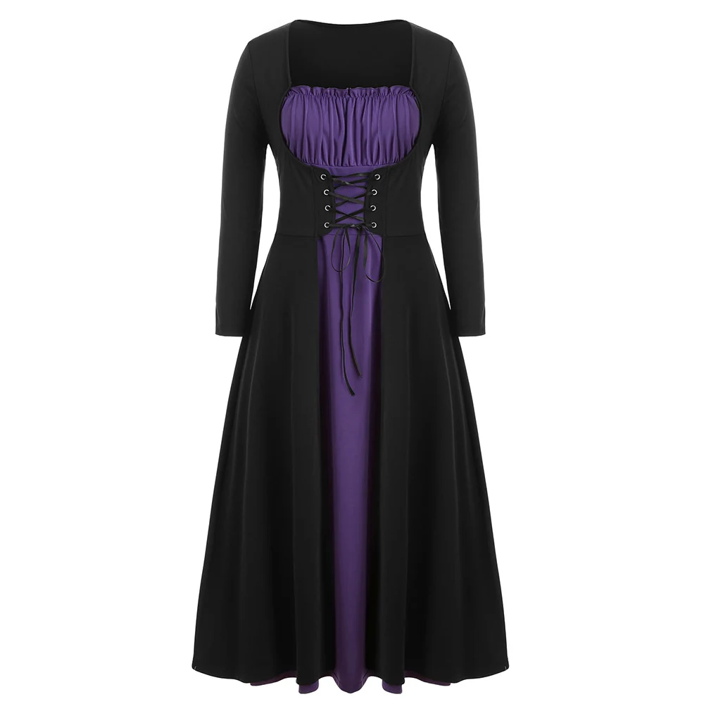 

ROSEGAL Plus Size Two Tone Lace Up Maxi Halloween Dress Block Vintage Women A-Line Punk Dresses High Waist Long Sleeves Dress