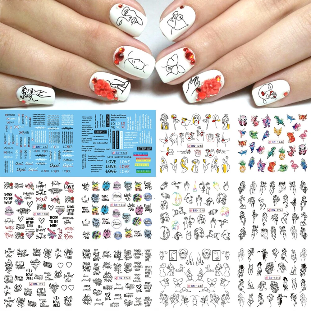 12Patterns/sheet Black Line Coloful Abstract Image Nail Sticker Decals Sexy Girl Water Transfer Slider For Nails DIY Art