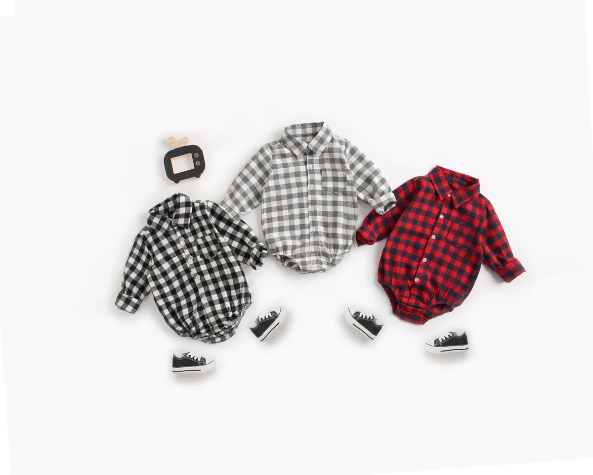 Casual Korean Baby Body Plaid Shirt Bodysuit for Newborns Long Sleeve Bodysuit for Babies Spring Autumn New Cute Baby Bodysuit