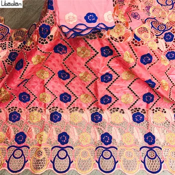 

Sweet African Bazin riche fabric Pink with net scarf embroidery lace / bazin riche dress material 5+2yards/set for sewing G28-28