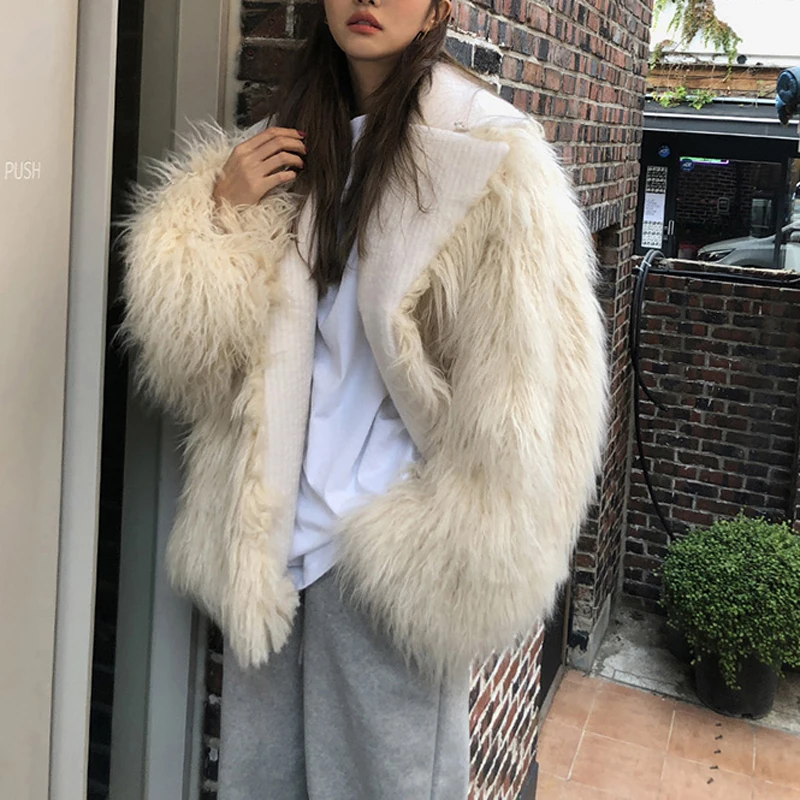 Зимняя женская модная куртка из искусственного меха с отложным воротником, пальто в стиле хип-хоп, пушистая овечья шерсть, верхняя одежда для улицы, крутые плюшевые пальто для девочек