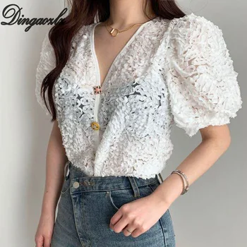 

Dingaozlz Summer Puff sleeve lace blouse Female V-neck hollow out White top Casual Women shirt