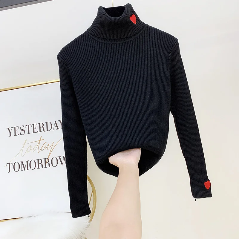 Красный любовь вышитый корейский женский свитер тонкий вязаный Blusas Осень зима свитер с воротником-хомутом джемпер Pull Girl Lady Теплый