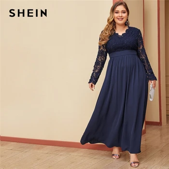 

SHEIN Plus Size Navy Open Back Guipure Lace Bodice Dress Women Long Sleeve V-neck High Waist Glamorous Sexy Maxi Dresses