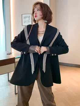 

Western style contrast stripes stitching navy collar shawl loose suit jacket women's 2020 autumn and winter new