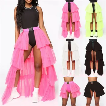 

New Fashion Women High Waist Elastic Skirt Sheer Mesh Maxi Skirt Ladies Sexy Solid Color Beach Club Party Wear Summer