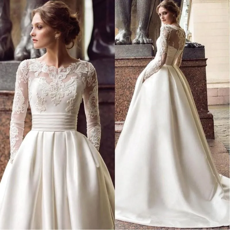

White Ivory Stain Wedding Dress with Pockets A Line Bride Wedding Gown Long Sleeves Lace Applique Bridal Dress vestido de novia