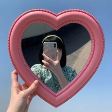 Pink Love Mirror Desktop Makeup Mirror Wall Mounted Dual-Use Vanity Mirror Girls Room Wall Decoration Heart-Shaped Mirror