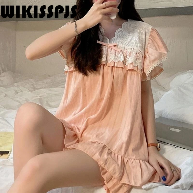 

WIKISSPJS 2022 Summer New Court Style Bowknot Lace Sweet Ruffle Home Clothes Lounge Wear Pajama Shorts Pajama Set Lounge Sets