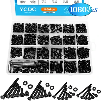 

YCDC 1060Pcs Hex Assortment Carbon M2 M3 M4 M5 Steel Head Bolts Kit with Storage Box Socket Screw Set Flat Round Cap Bolts Nuts