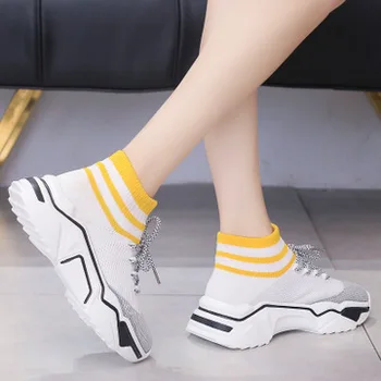 

2019 autumn new flying woven breathable women's shoes non-slip sneakers increased socks shoes women