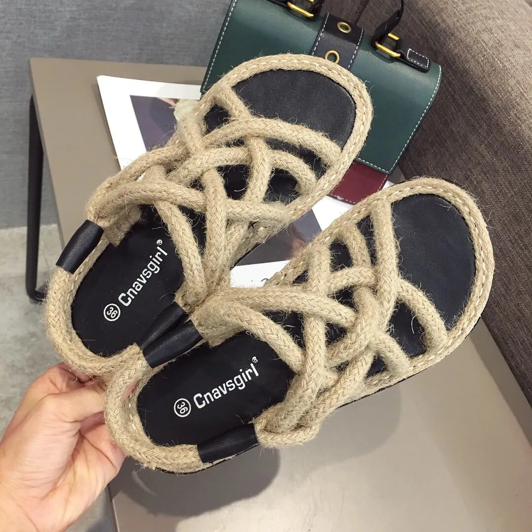 

2019 Summer New Style Straw WOMEN'S Sandals Flat Heel Flat Sandals Women's Hemp Rope Sandals Cross Straps WOMEN'S Shoes