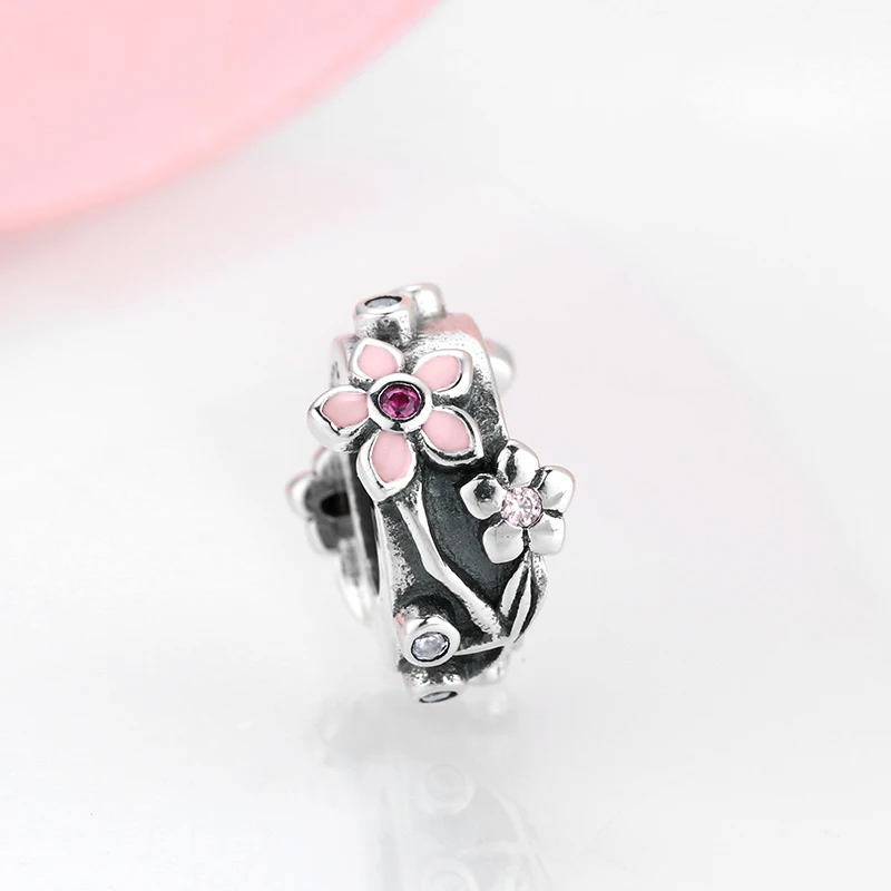 925 пробы серебряные весенние красивые цветы розовые CZ пробки Бусины Ювелирные изделия подходят Pandora браслет