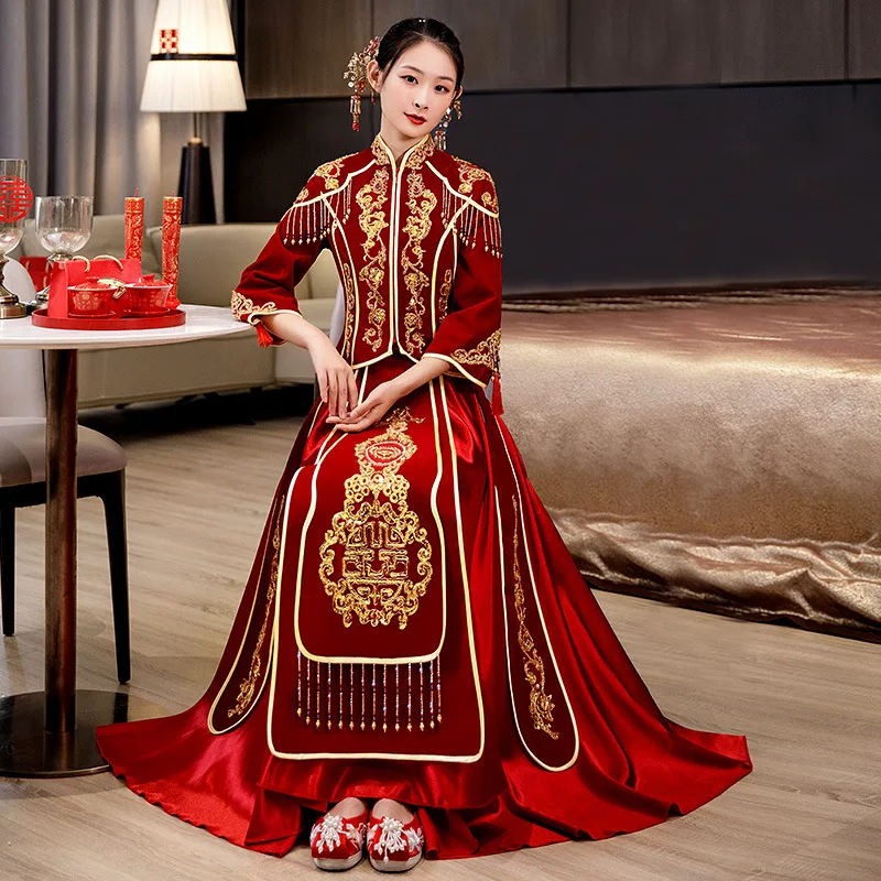 

Traditional Exquisite Beading Sequins Embroidery Tassel Bride Groom Wedding Dress Marry Cheongsam Свадебное платье