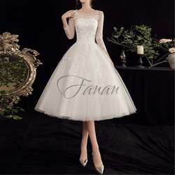 O-Neck Lace Appliques A-Line Wedding Dresses Backless Three Quarter Sleeve Modern Bridal Gown robe de mariée vestidos de novia