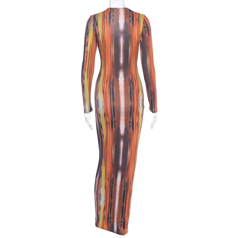 BOOFEENAA Stripe Tie Dye Print Sexy Maxi Dress Fall 2021 Casual Long Dress Women Nightclub Long Sleeve Bodycon Dresses C70CC31