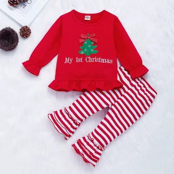 

Infant Baby Girls Chritmas Santa Tree Print Tops Striped Bell-bottoms Pants Outfits Toddler Kid Long Sleeve Top Pant Autumn Sets