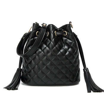 

QZUnique Women's PU Leather Drawstring Bucket Bag Crossbody Bag Plaid Pattern Shoulder Bag Handbag Purse With Tassels Brown