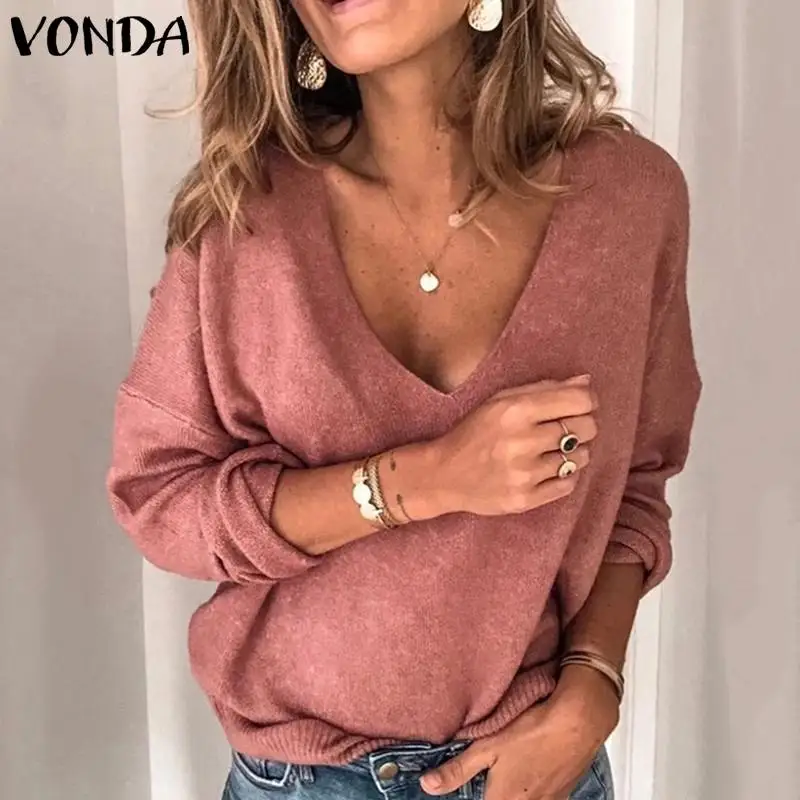 

VONDA Sexy Deep V Neck Maternity Blouses Autumn Basic Knitwear Tops Casual Long Sleeve Shirt Pull Pullover Pregnancy Blusas