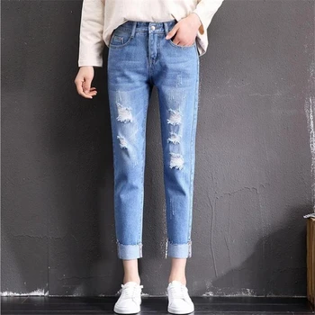 

Woman Summer Thin Jeans Pantalon Court Hole Harem Pants Ankle-length Trousers Loose Breathable Capris Sarouel Pantalones Cortos