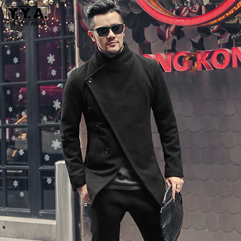 

Designer Mens Irregular Woolen Jacket Buttons Turtleneck Coat High Quality British Business Man Slim Fit Casual Jacket Outwear
