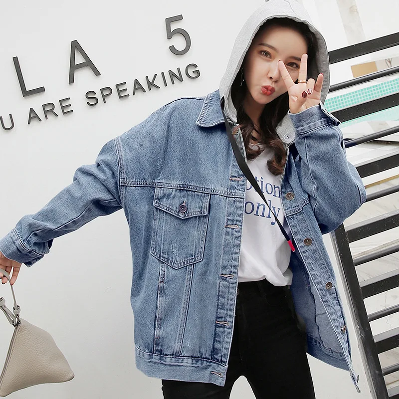 

Hooded Jeans Coat Women's Embroidered Letters Slimming cool inflooring Handsome Korean-style Cowboy Coat