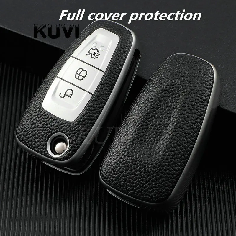 Leather TPU Car Key Case Cover for Ford Ranger C-Max S-Max Focus Galaxy Mondeo Transit Tourneo Auto Key Holder keychain