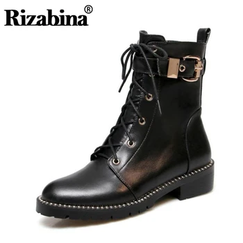 

RizaBina Women Ankle Boots Genuine Leather Flats Shoes For Women Brand New Winter Lace Up Buckle Crystal Goth Boots Size 33-43