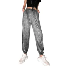 Модные женские повседневные штаны с блестками, шикарные женские осенние штаны с эластичной резинкой на талии, хип-хоп штаны для уличных танцев, облегающие свободный низ# YL10