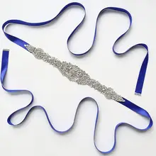 Синяя атласная лента пояс Серебристые Стразы атласный пояс невесты для свадебного платья аксессуары