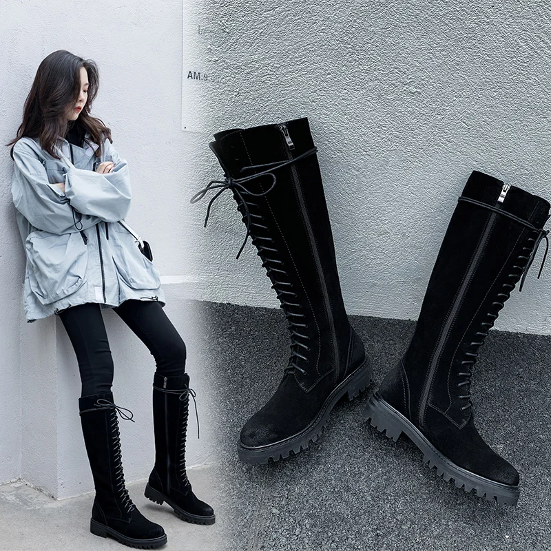 

Women knee-high boots natural Leather shoes 22-25 cm length Spring and autumn eather shoes zipper Frosted cow suede womens shoes