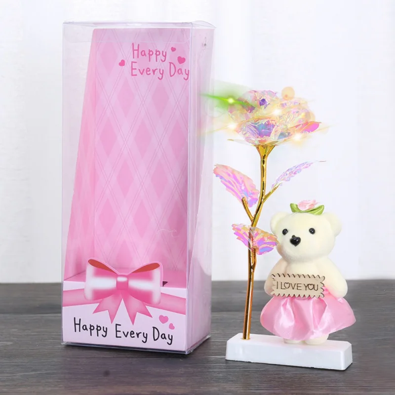 Прямая, ручная работа, 24K золотой фольга, розовый цветок с длинным стеблем с медведем, Декор, романтический День Святого Валентина, свадебный подарок, освещение розы