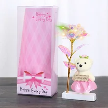 Прямая, ручная работа, 24K золотой фольга, розовый цветок с длинным стеблем с медведем, Декор, романтический День Святого Валентина, свадебный подарок, освещение розы