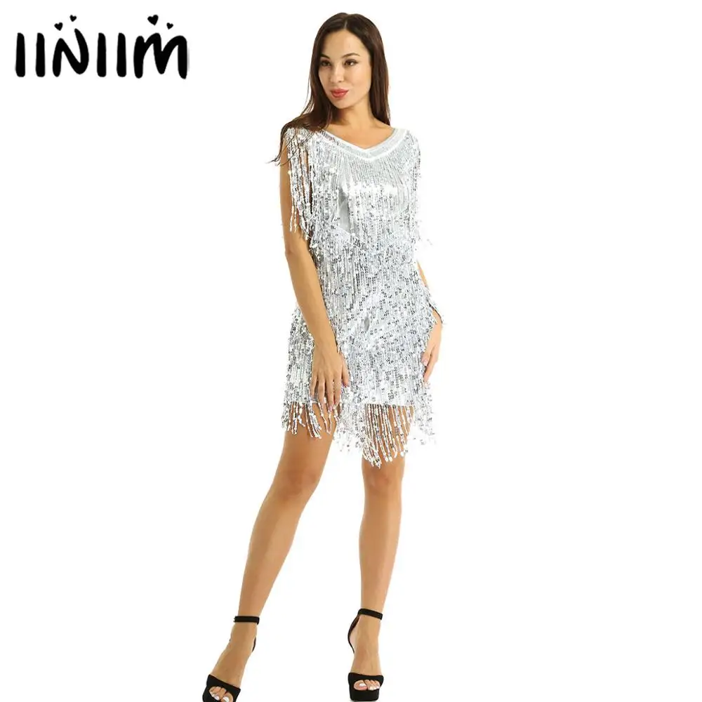

iiniim Women Ladies Latin Dance Costumes NightClub Sparkling Sequin Tassels Ballroom Samba Tango Latin Performance Dancing Dress