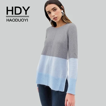 

HDY Haoduoyi Autumn Simple Stylish Three-color Stitching Asymmetrical Hem Split Sports Leisure Long Sleeve Boyfriend Sweater