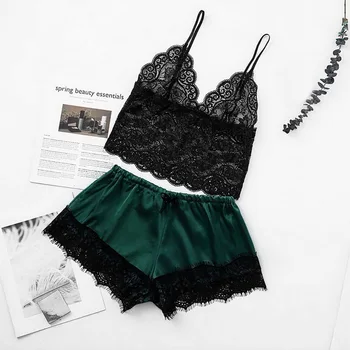 

Women Sleep Wear Sexy Lingerie Satin Lace V-Neck Camisole Shorts Set Sleepwear Pijamas Women Sexy Sleeping Clothes Nightwear