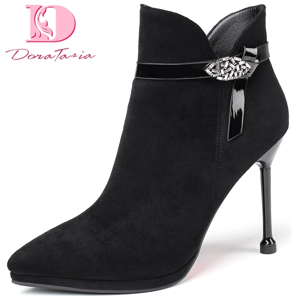 

Doratasia 2020 New Arrivals Size 40 Pointed Toe Flock Shoes Woman Boots Female Thin High Heels Zip Up Autumn Boots Women Shoes