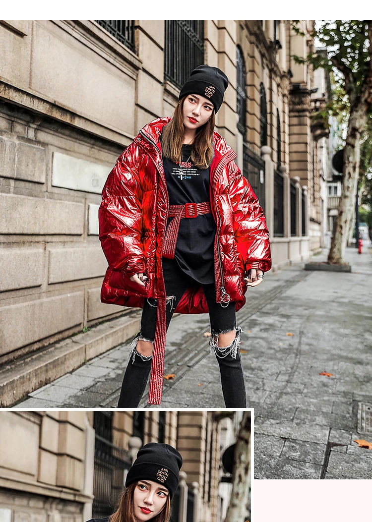 Fashion Large Glossy Cotton Comfortable Jacket Women Hooded Thicken Winter Short parka Students blue Outerwear Coats LY01