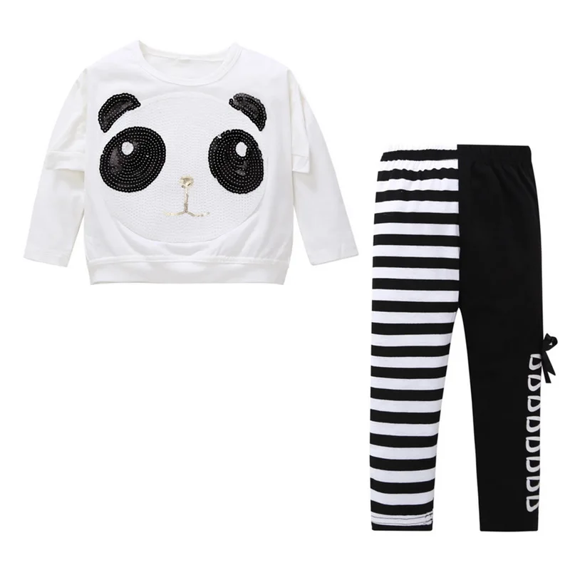 CYSINCOS/комплект для девочек, корейский Детский костюм с рисунком панды и пайетками футболка с рисунком+ штаны с бантом, милая детская одежда - Цвет: white