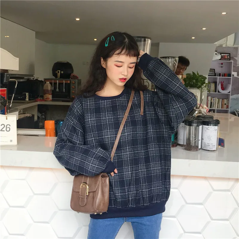 plaid crew neck sweatshirt