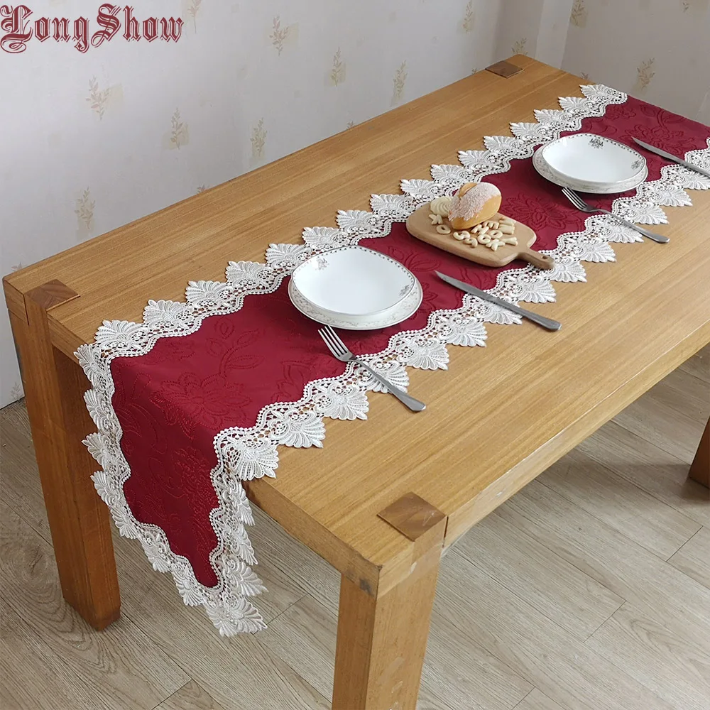 

Longshow Luxury Europe Jacquard Style Burgundy Table Runner With 2-Tone Lace