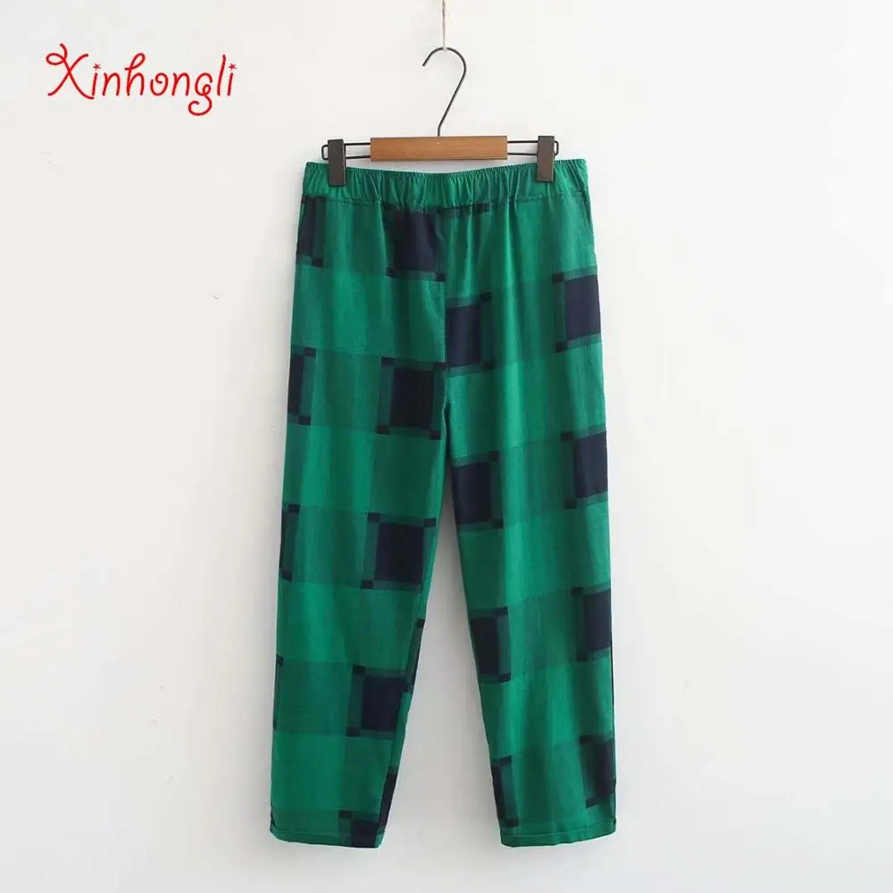 

Plus size cotton and linen Elastic waist Plaid women loose pants 2020 NEW spring autumn casual ladies pant female trousers green