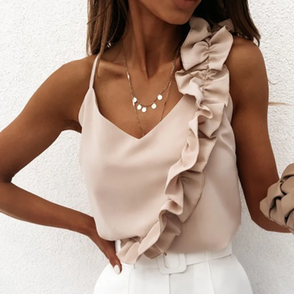 Blusa informal sin mangas con tirantes finos para verano, camisa Sexy con volantes y cuello de pico para mujer, Espalda descubierta, 2021