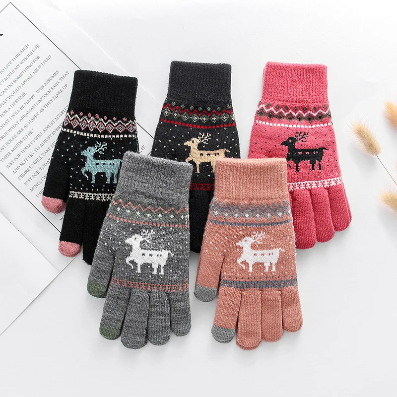 

Hot Sale Women Gloves Touch Screen Gloves Winter Cashmere Knitted Warm Thicken Mittens Christmas Elk Full Hand Gloves Best Gift