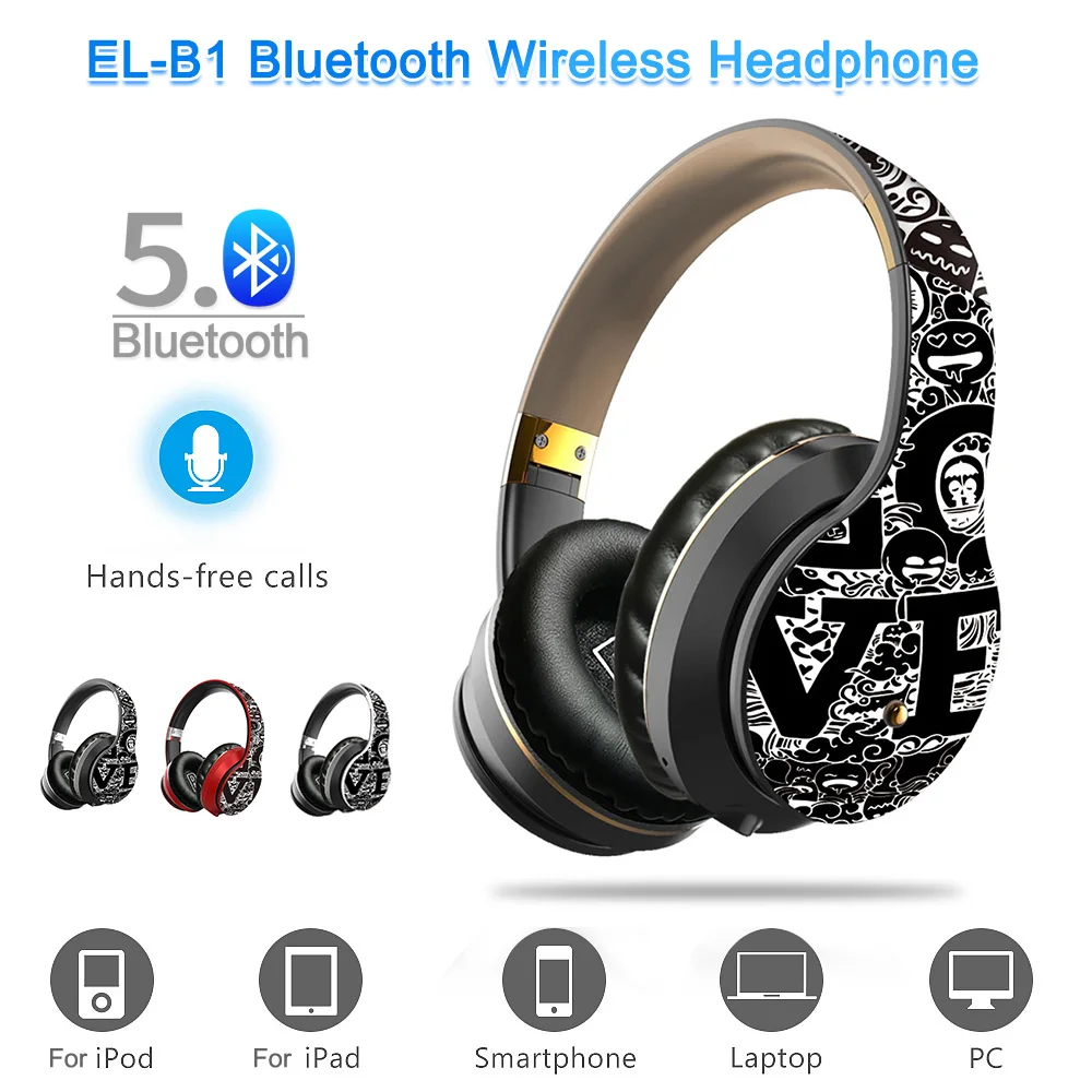 EL-B1 Bluetooth Wireless Headphone Folding Portable Graffiti Stereo Headset Sports Gaming Music Earphone for Phone/Laptop/PC 