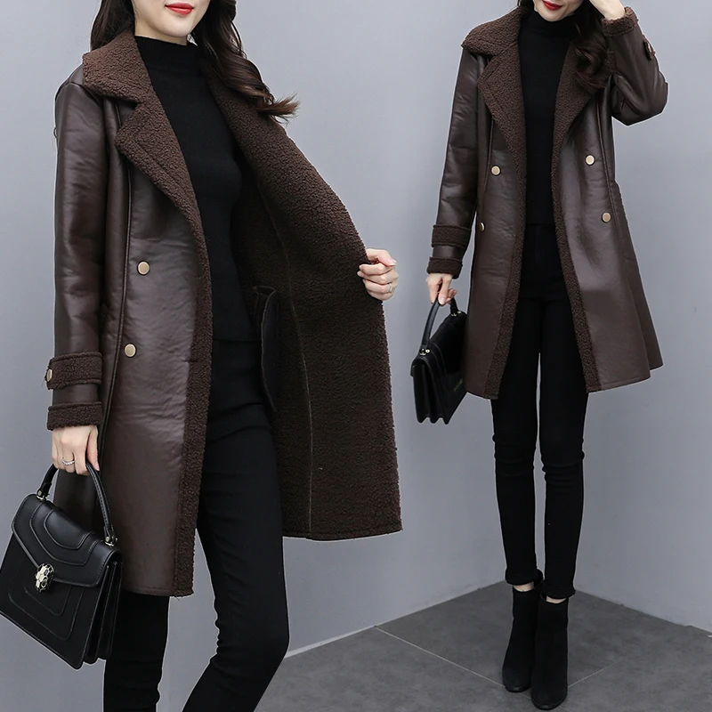 Plus size Winter PU Jackets Fashion Black 5XL Coats Medium Long Slim Women's Leather Jacket Women Red Faux Sheepskin Coat 2021 | Женская