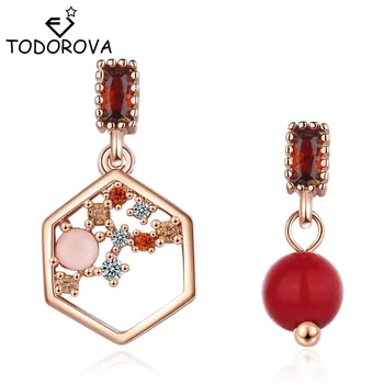 

Todorova Korean Ormosia Red Pearl Hexagon Asymmetric Stud Earrings for Women Bohemian Geometric Zircon Small Brincos Jewelry
